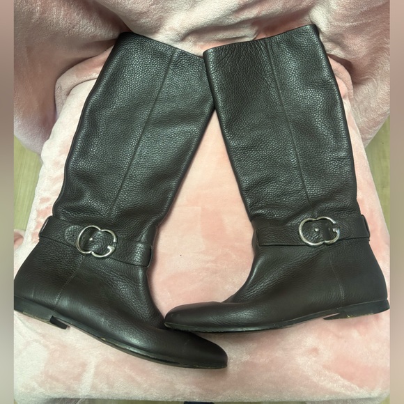 Gucci Shoes - Gucci Dark Brown Leather Mid-Calf Heeled Boots with Silver Buckle